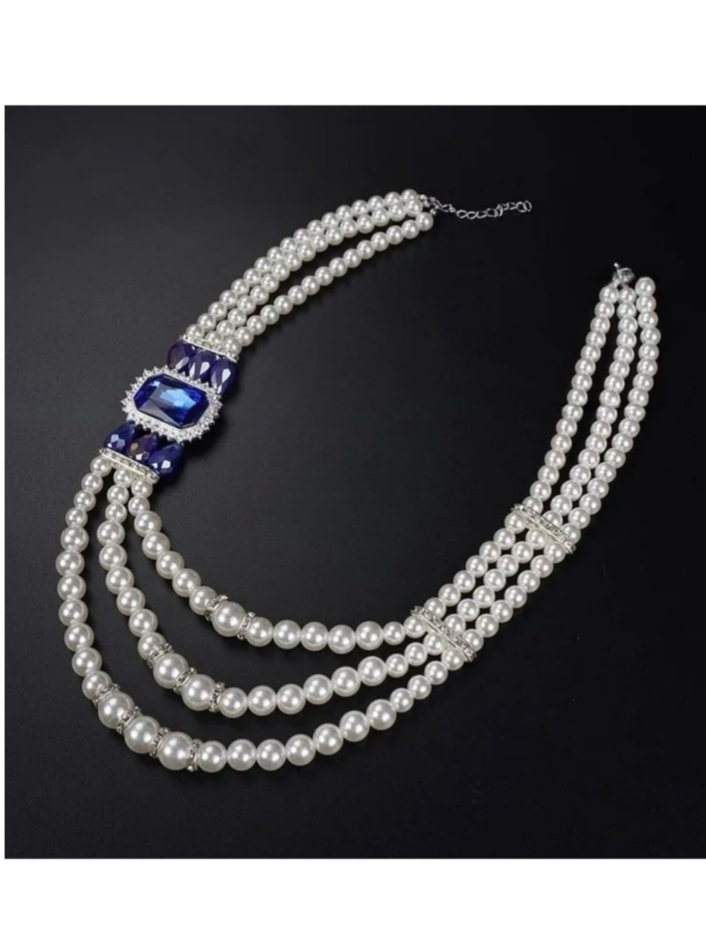 1920s 3-strand Necklace with Royal Blue Crystal and Rhinestone